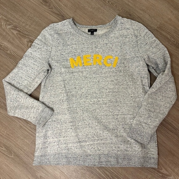 Talbots Tops - Talbots Gray Terry Sweater with Yellow 'MERCI' Women’s Size Medium Petite Preppy